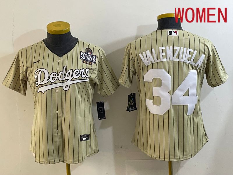 Women Los Angeles Dodgers #34 Valenzuela Green Stripe Game 2024 Nike MLB Jersey style 7->women mlb jersey->Women Jersey